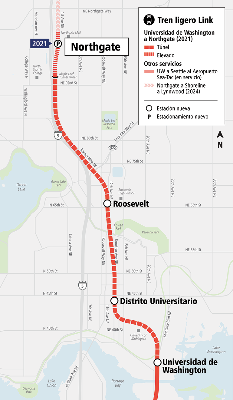 Mapa que muestra tres estaciones nuevas de Link en Northgate, Roosevelt y U District. Estas estaciones se abrirán en 2021.